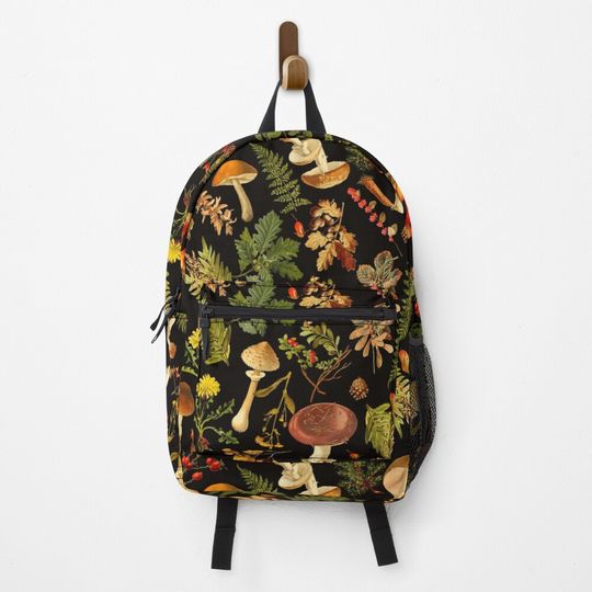 Vintage toxic mushrooms forest pattern on black Backpack