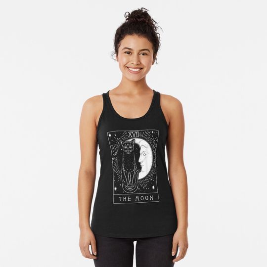 Tarot Card Crescent Moon And Cat Graphic Racerback Tank Top