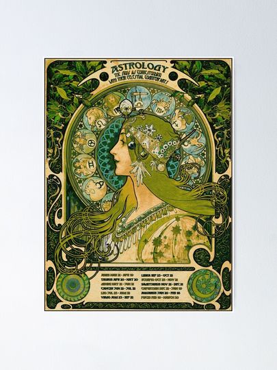 Emerald Green Vintage Astrology Poster | Alphonse Mucha  Poster