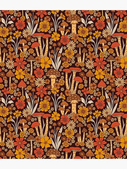 Retro 1970s Brown & Orange Mushrooms & Flowers Backpack