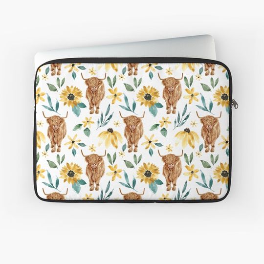 Highland Cow and Sunflowers, Wildflowers, Cow Art, Yellow Floral Laptop Sleeve