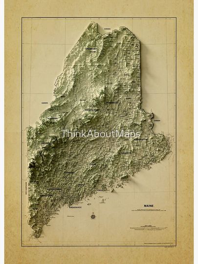1980 Maine Relief Map 3D digitally-rendered Premium Matte Vertical Poster