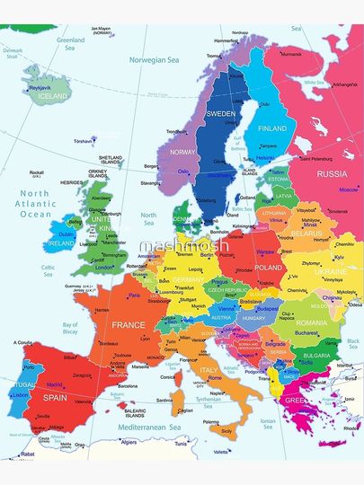 Europe Map with the border, countries, capitals and major cities Premium Matte Vertical Poster
