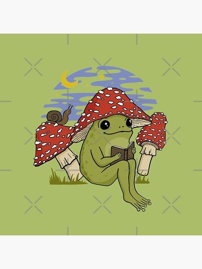 Cute Cottagecore Frog in Mushroom Hat Reading a Book: A Goblincore Toad Bookworm
