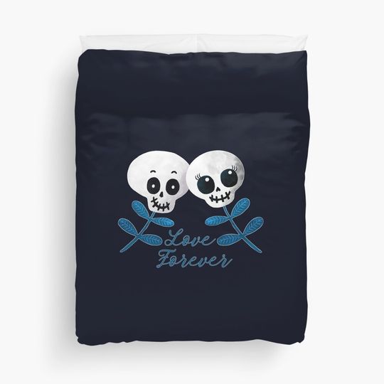 Love Forever Two Cute Halloween Blue Flower Skulls Duvet Cover