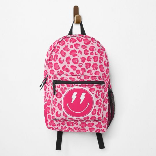 Preppy, Aesthetic, Pink, Leopard Print, Smiley Backpack