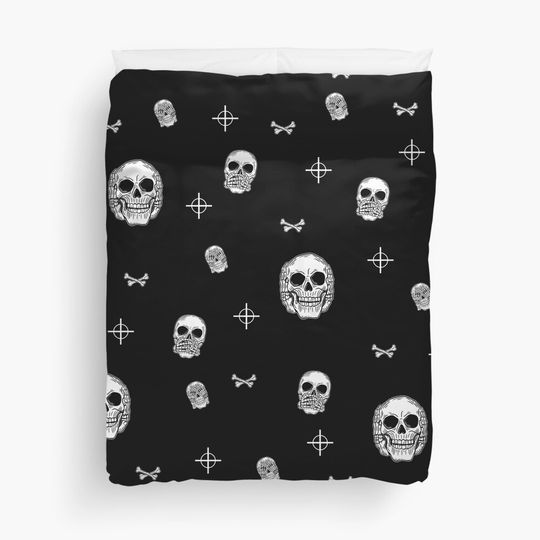 Skulls Bullseye Black And White Halloween Wallpaper Design Duvet Cover