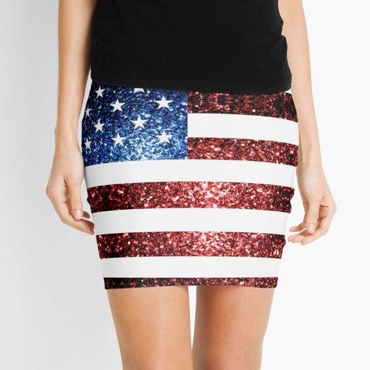 USA flag red blue faux sparkles glitters Mini Skirt