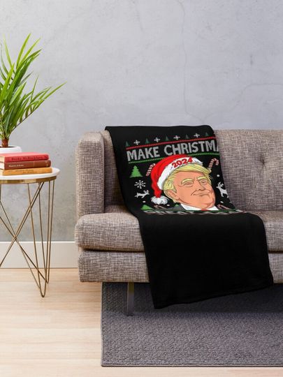Funny T.r.u.m.p 2024 Make Christmas Great Again Ugly Sweater Throw Blanket