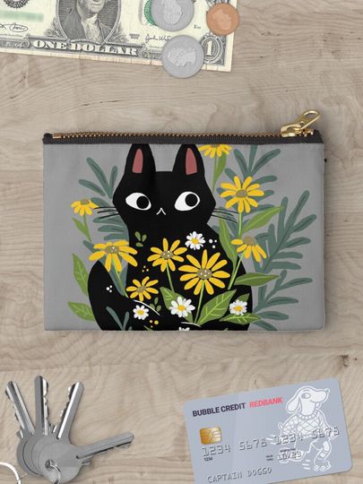 Black cat with flowers Makeup bag