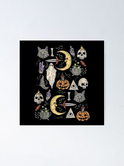 Crescent Moon Black Cat Evil Eye Halloween Ghost Pumpkin Poster