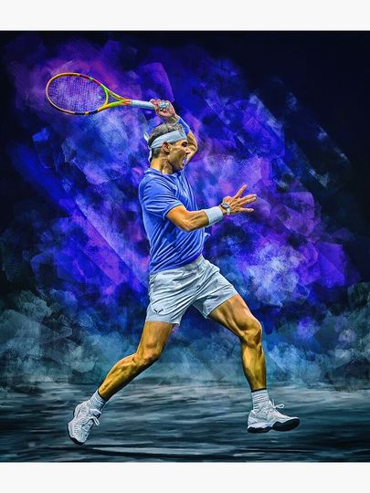 Rafael Nadal plays classic forehand at LC 2022. Digital artwork print wall poster. Tennis fan art gift. Vamos Rafa. Premium Matte Vertical Poster