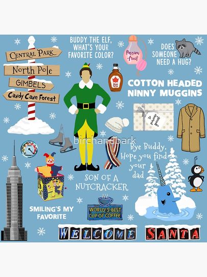 Buddy the Elf collage, Blue background Sticker