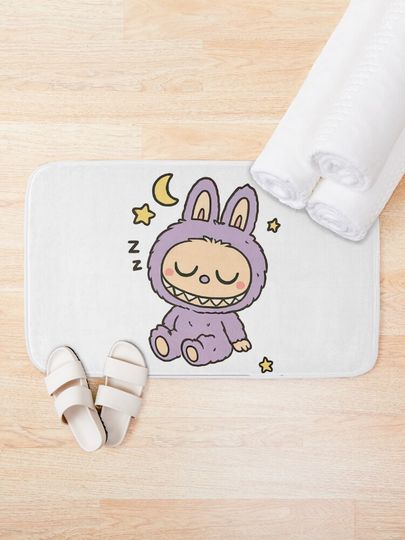 Sleeping Purple Labubu Under Moon and Stars Bath Mat, For Bathroom, For Kitchen