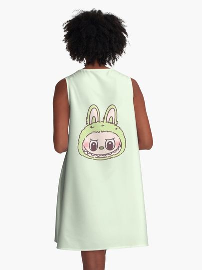 Green Cute Labubu Head A-Line Dress, Gift for Her