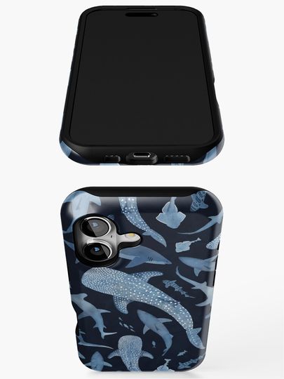 Monochrome blue watercolour shark ocean on black iPhone Case