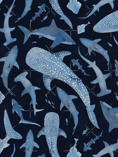 Monochrome blue watercolour shark ocean on black iPhone Case
