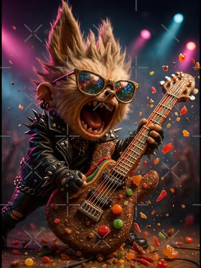 Rockstar Labubu destroying a guitar made of candy, Gift for Her