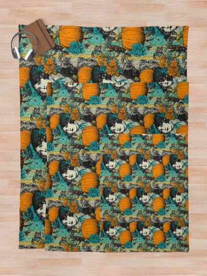 Vintage Halloween Lady with Pumpkins and Teal Florals Throw Blanket