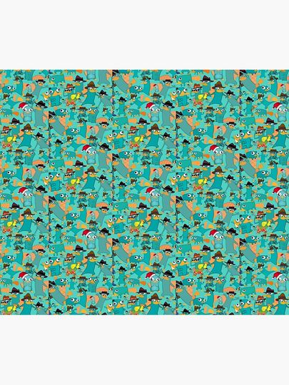 Perry the Platypus Phineas and Ferb Collage Pattern Design - Aquamarine Background Graphic  Throw Blanket