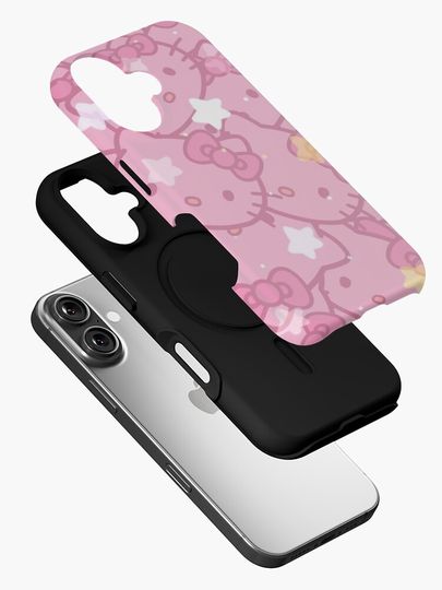 pink hello kitty white & gold star pattern background iPhone Case