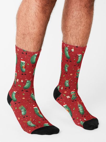 Christmas Pickle Pattern on Red Socks