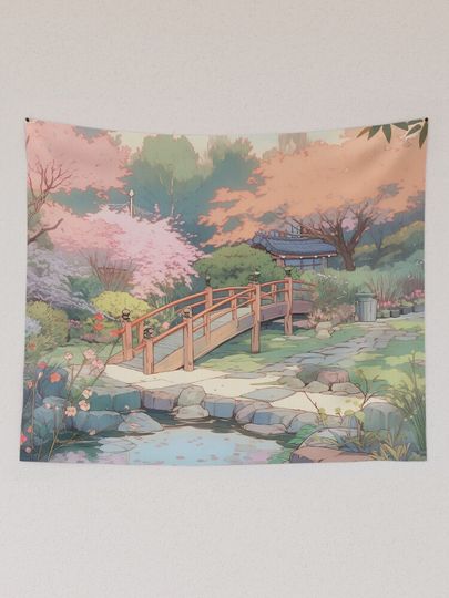 A garden with muted pastel anime Tapestry