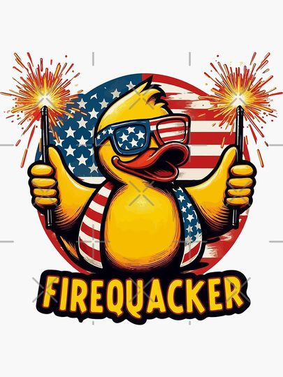 Firequacker Funny duck USA flag 4th of July Sticker