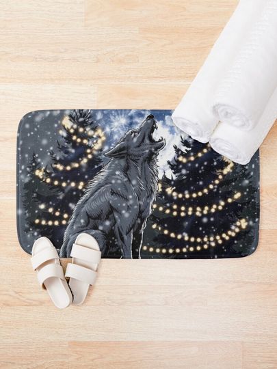Christmas Werewolf Howling at Full Moon Winter Night Bath Mat