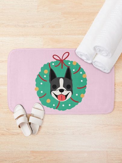 Boston Terrier Dog Christmas Wreath Bath Mat