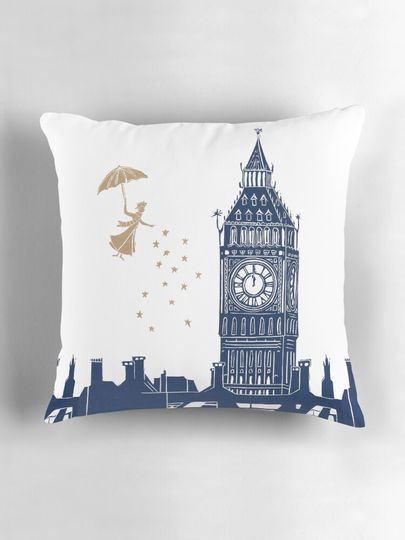 Mary Poppins and Big Ben Linocut Pillow