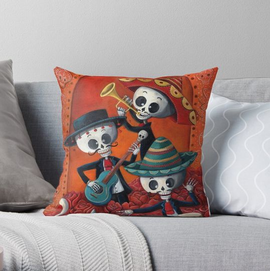 Dia de Los Muertos Skeleton Musicans Throw Pillow
