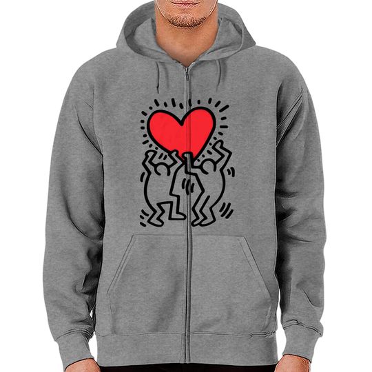 Keith Haring Zip Hoodies Men Holding Heart Icon, Street Art