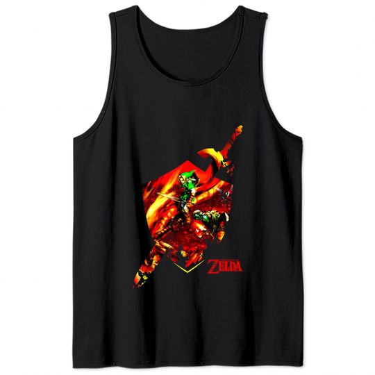Nintendo Zelda Link Sword Shield Fire Border Graphic Tank Tops