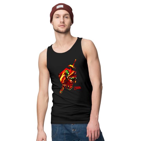Nintendo Zelda Link Sword Shield Fire Border Graphic Tank Tops