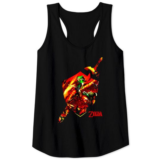 Nintendo Zelda Link Sword Shield Fire Border Graphic Tank Tops