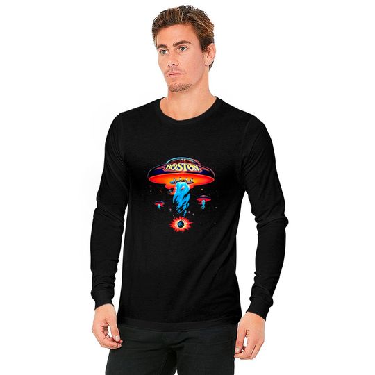 Boston Band Tshirt Poster Shirt Spaceship Rock Band Long Sleeves for Men Black