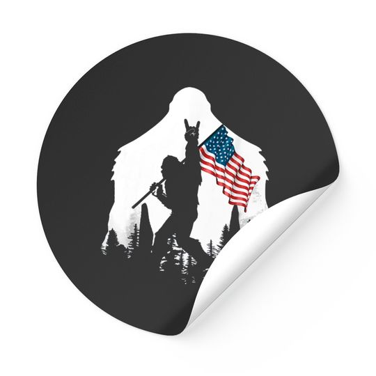 Bigfoot Sticker Victorty Sign Peace Usa Flag In The Forest Camping