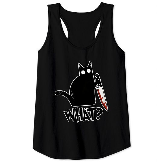 Knife Cat Meme Tank Tops Cat What? Funny Black Cat Halloween Murderous Cat With Knife