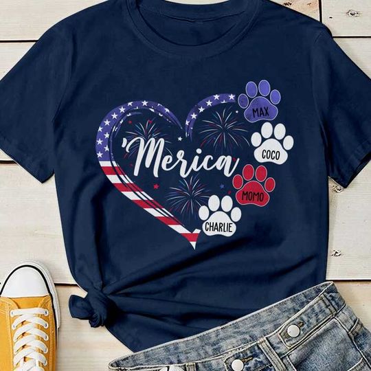Dog Paw Prints Heart Firework - Gifts For 4th Of July - Personalized Unisex T-Shirt