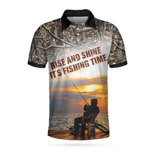 Discover Rise And Shine, It's Fishing Time Polo Shirt, Fishing And Tree Graphic Polo Shirt