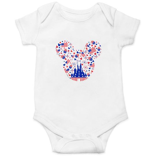 Mickey American Head 4th of July Onesies, 4th of July Disney Onesies, Stars and Stripes Onesie