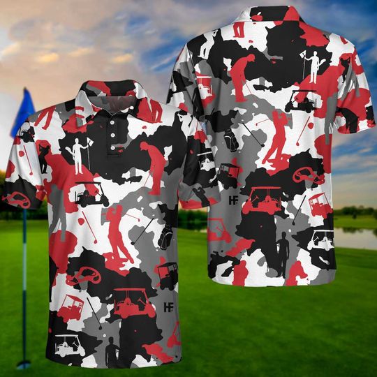 Red And White Camouflage Golf Polo Shirt