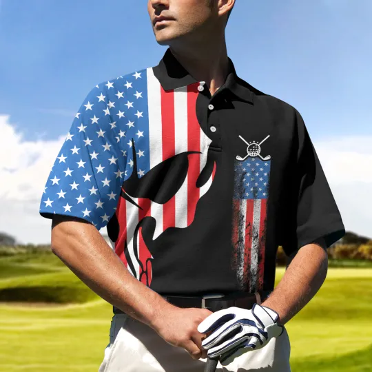Skull Golf With American Flag Polo Shirt