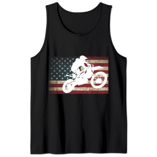 Dirt Bike Silhouette Distressed American Flag Motocross Pullover Tank Tops