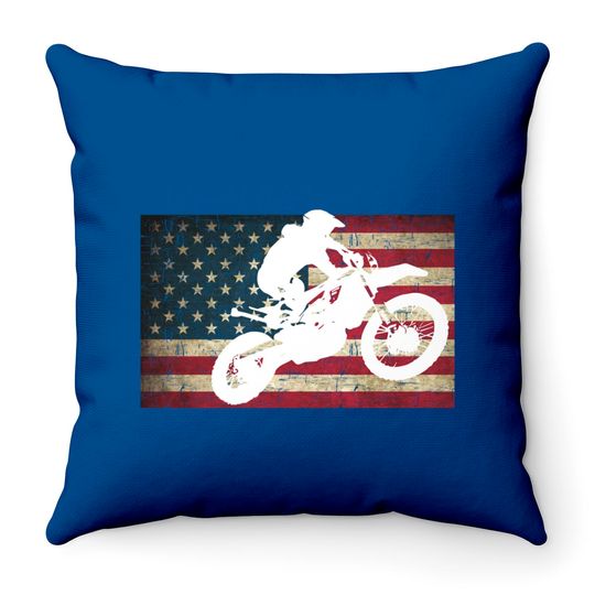 Dirt Bike Silhouette Distressed American Flag Motocross Pullover Throw Pillows