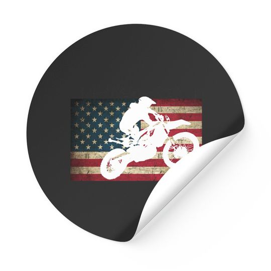 Dirt Bike Silhouette Distressed American Flag Motocross Pullover Stickers