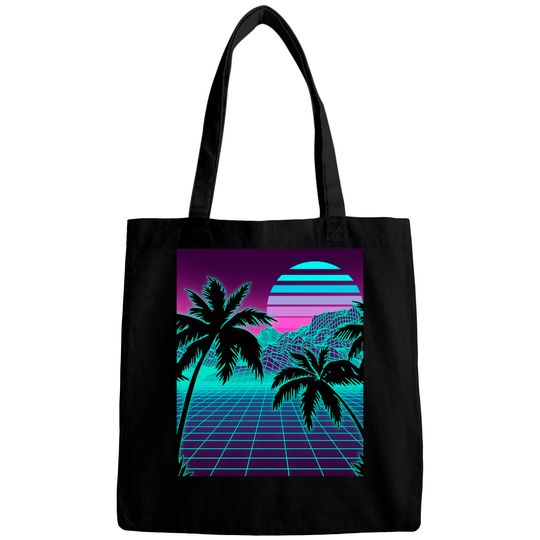 Discover Retro 80s Vaporwave Sunset Sunrise With Outrun style grid Bags
