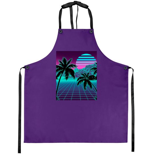Retro 80s Vaporwave Sunset Sunrise With Outrun style grid Aprons