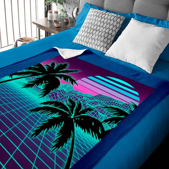 Retro 80s Vaporwave Sunset Sunrise With Outrun style grid Baby Blankets